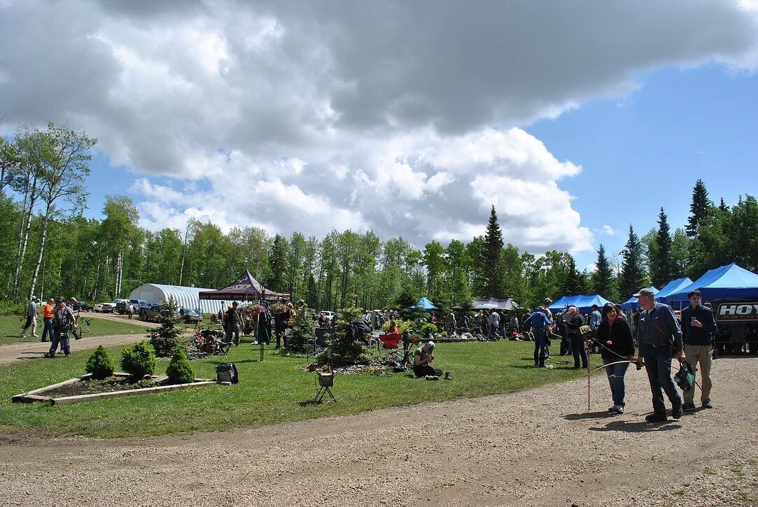 A group of people are walking through a grassy field with tents in the background.