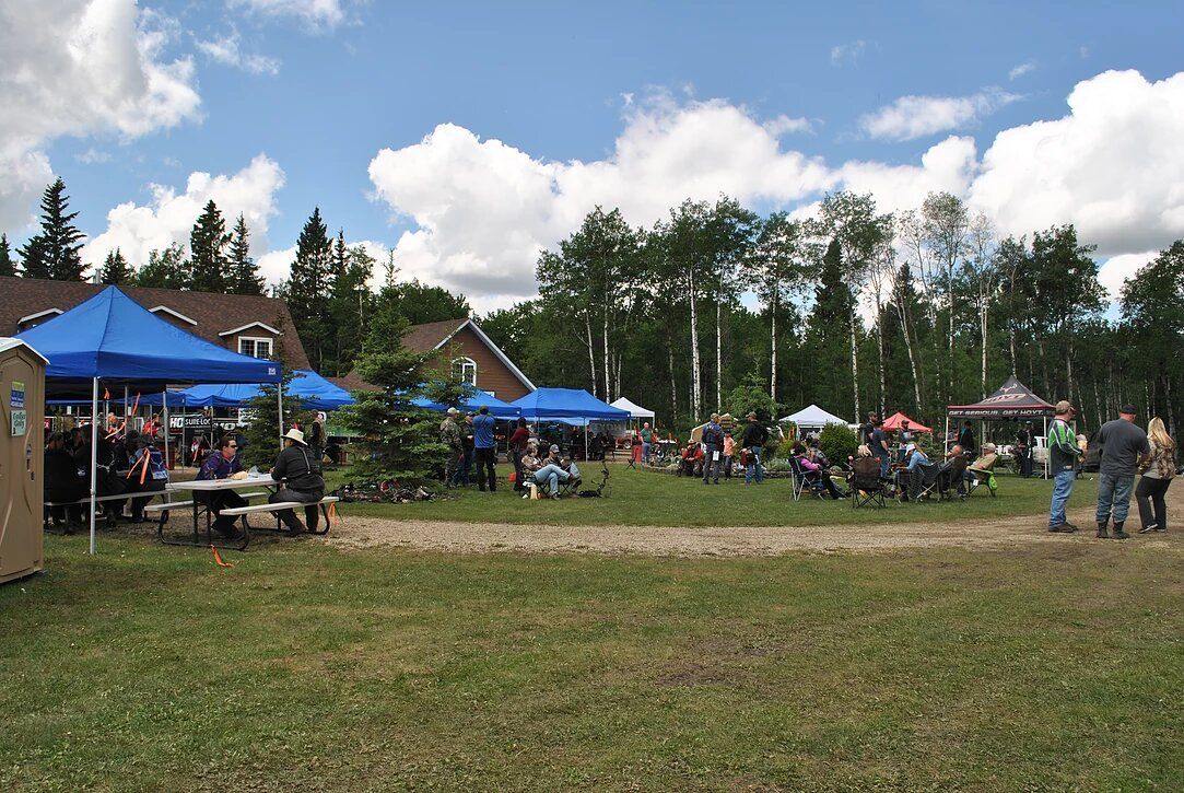 A group of people are gathered in a field with blue tents.