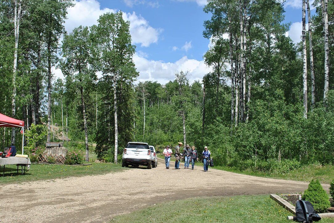 A group of people are walking down a dirt road in the woods.