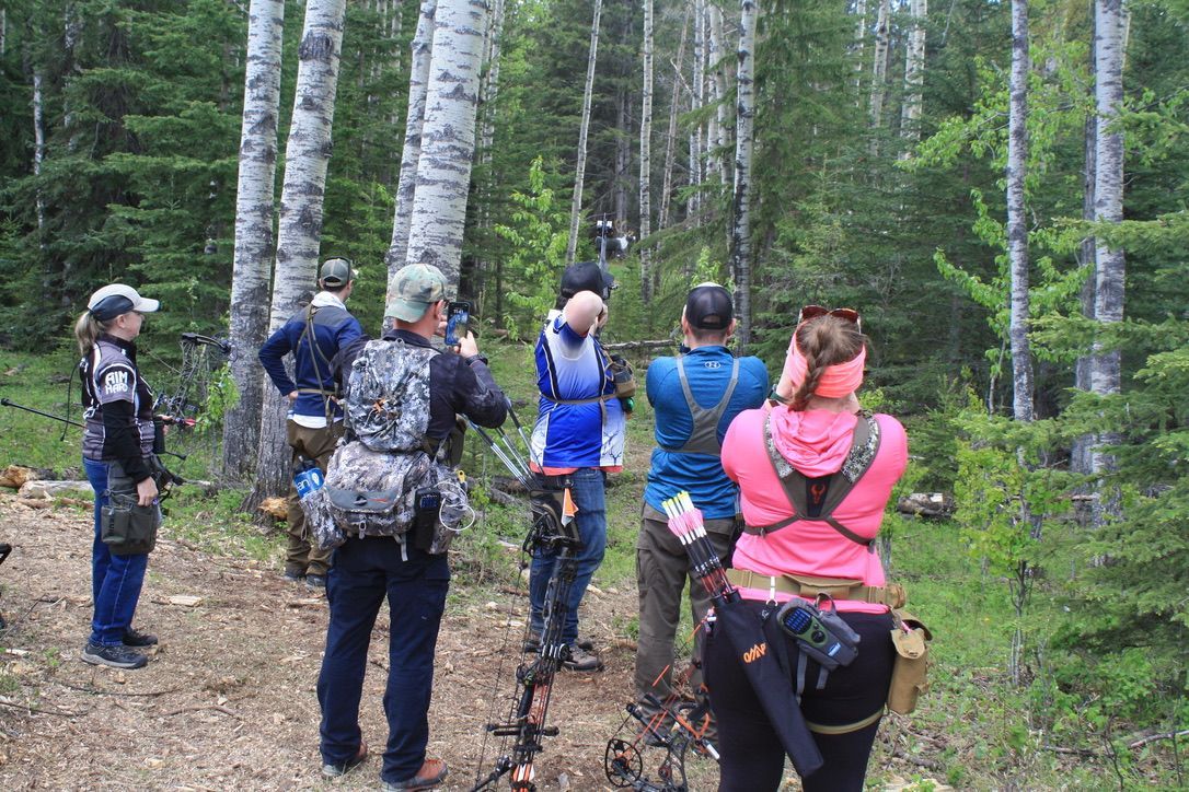 A group of people are standing in the woods looking at a target.