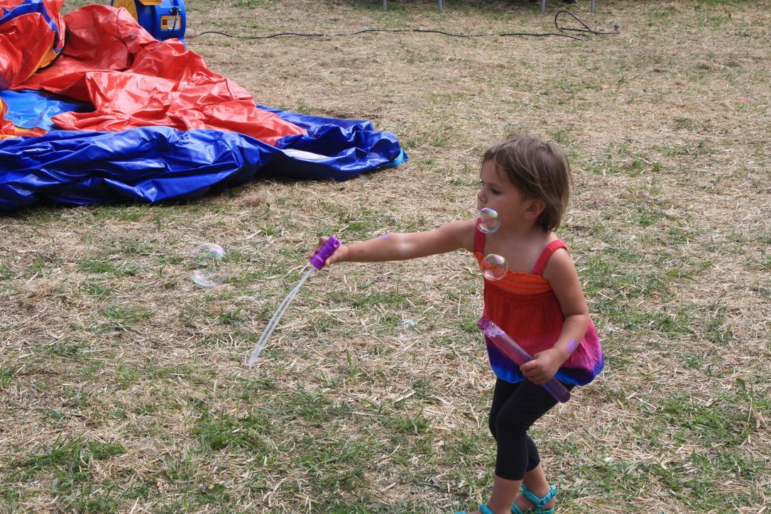 A little girl is blowing soap bubbles in a field.