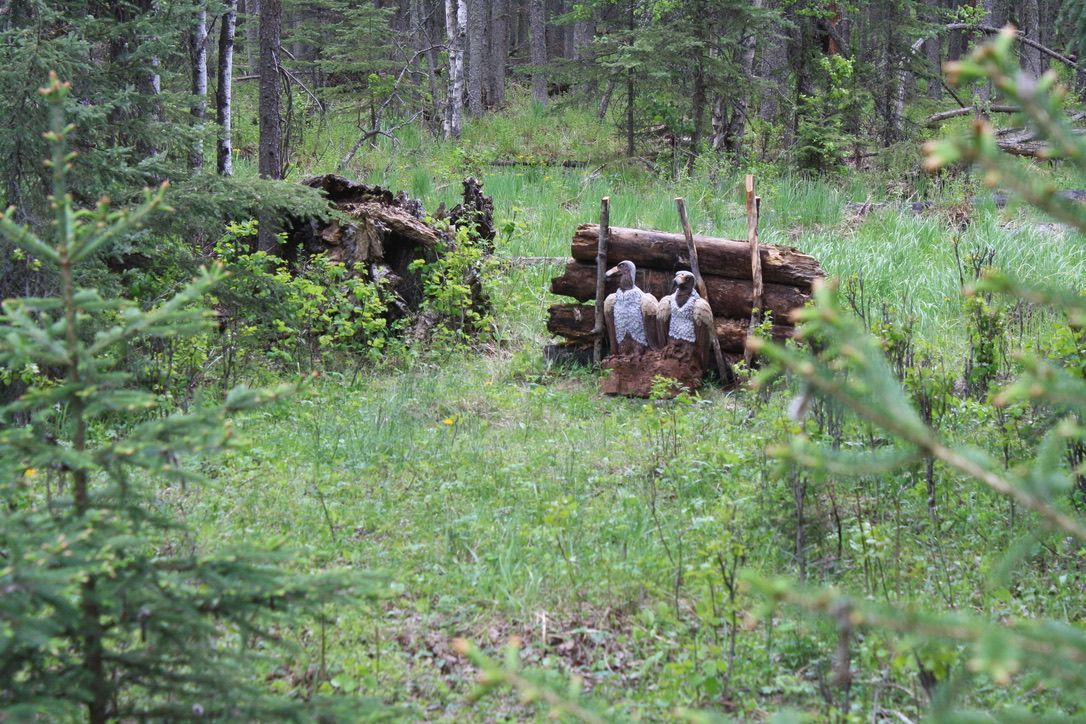 A group of people standing next to a pile of logs in the middle of a forest.