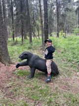A little boy is riding on the back of an inflatable bear in the woods.