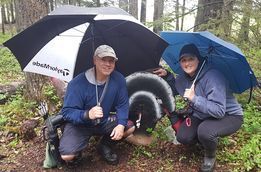 A man and a woman are kneeling under umbrellas in the woods.