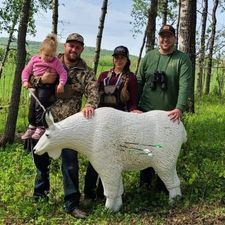A group of people standing next to a statue of a goat with arrows in it.