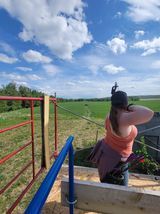 A woman is standing on a fence looking out over a field.