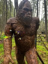 A statue of a bigfoot in the woods with arrows in his chest.