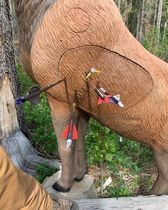 A deer with arrows in its back is standing next to a tree.