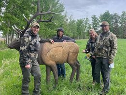 A group of people are standing next to a deer statue in a field.
