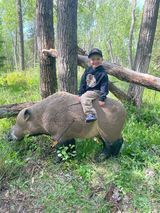A little boy is sitting on the back of a stuffed animal in the woods.