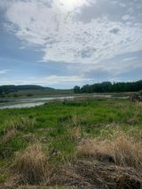 A large grassy field with a river in the background on a cloudy day.