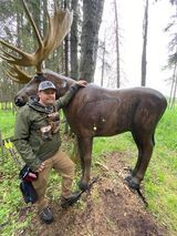 A man is standing next to a moose statue in the woods.