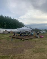 A group of people are sitting under tents in a field.