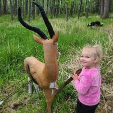 A little girl is standing next to a statue of an antelope with an arrow in its back.