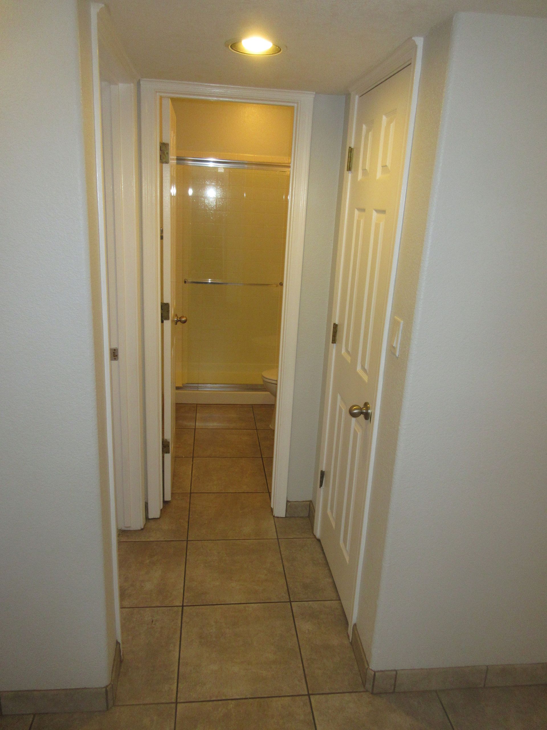 A hallway leading to a bathroom with a glass shower door