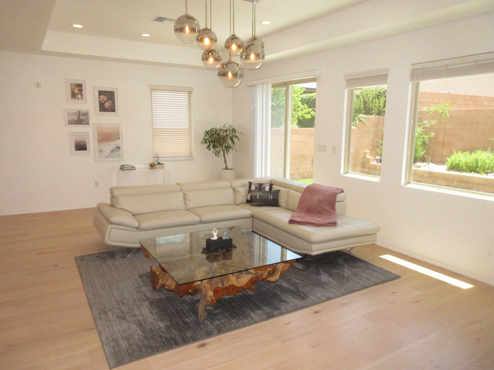 A living room with a couch and a coffee table