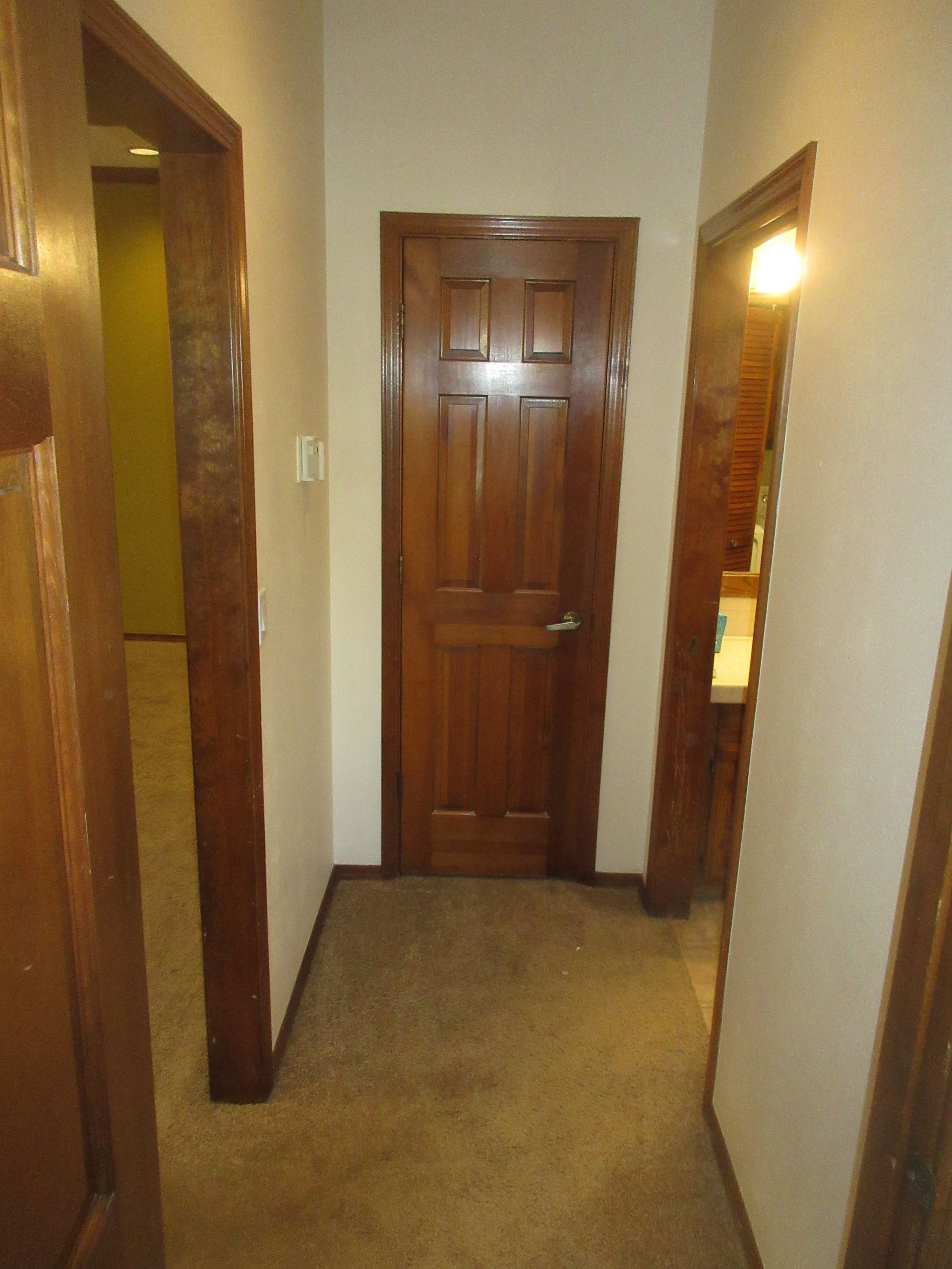A hallway with a wooden door and a carpeted floor