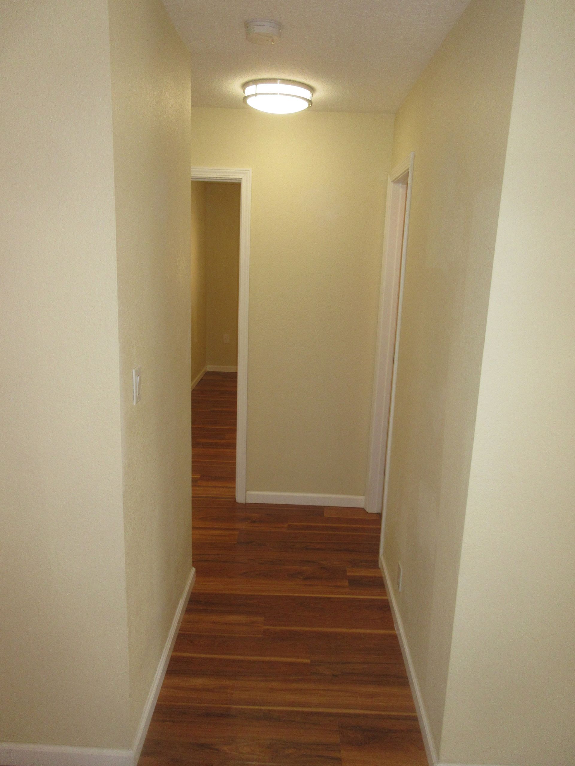 A hallway with hardwood floors and a light on the ceiling