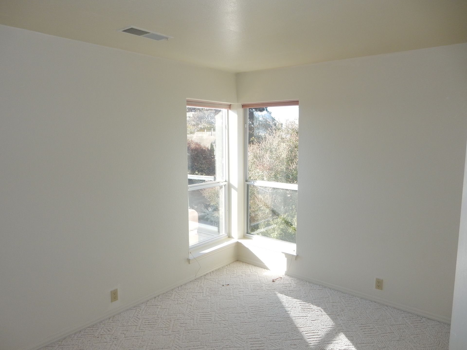 An empty room with white walls and carpet and two windows.