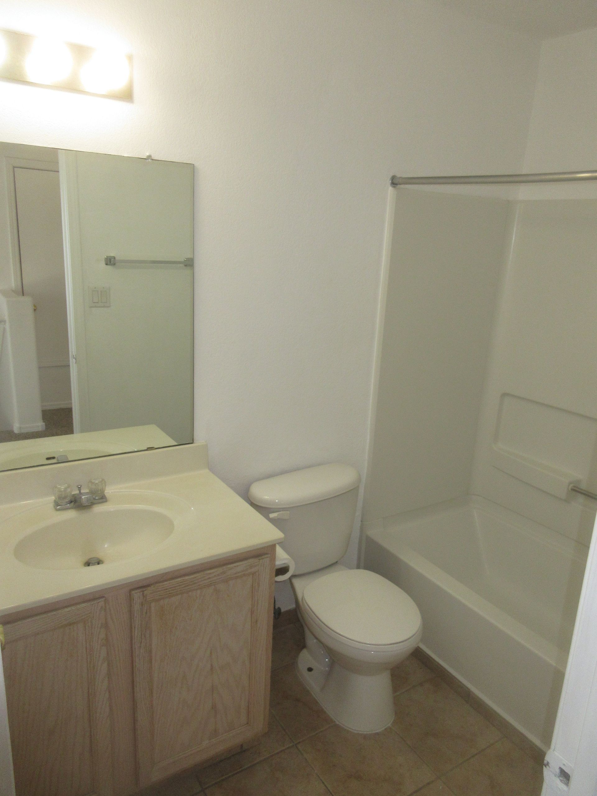 A bathroom with a toilet , sink , and shower.