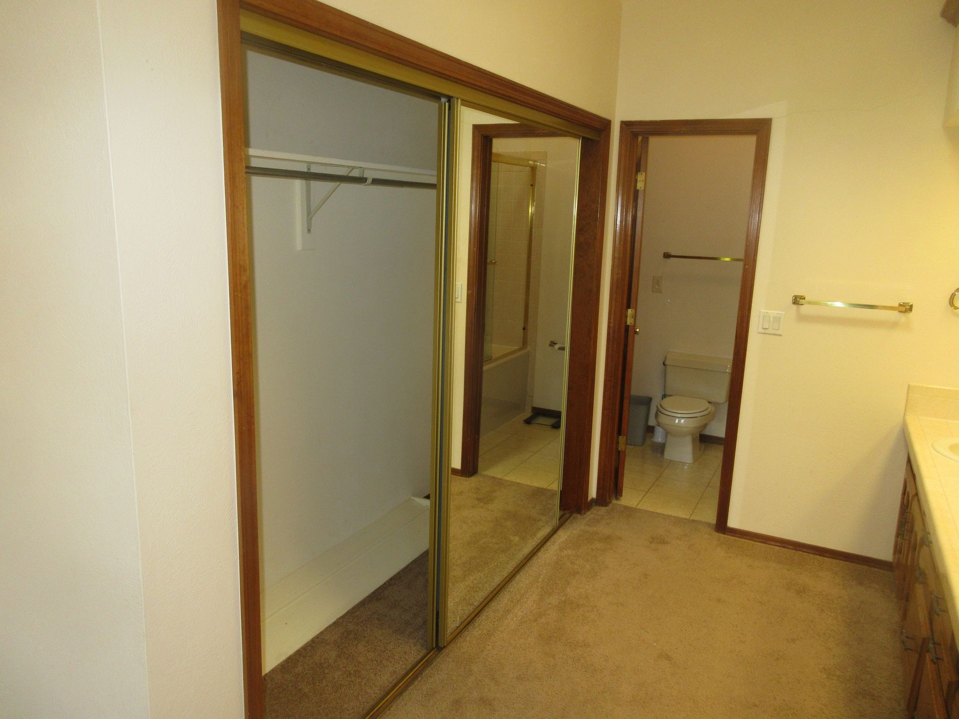 A bathroom with a walk in closet and a toilet.