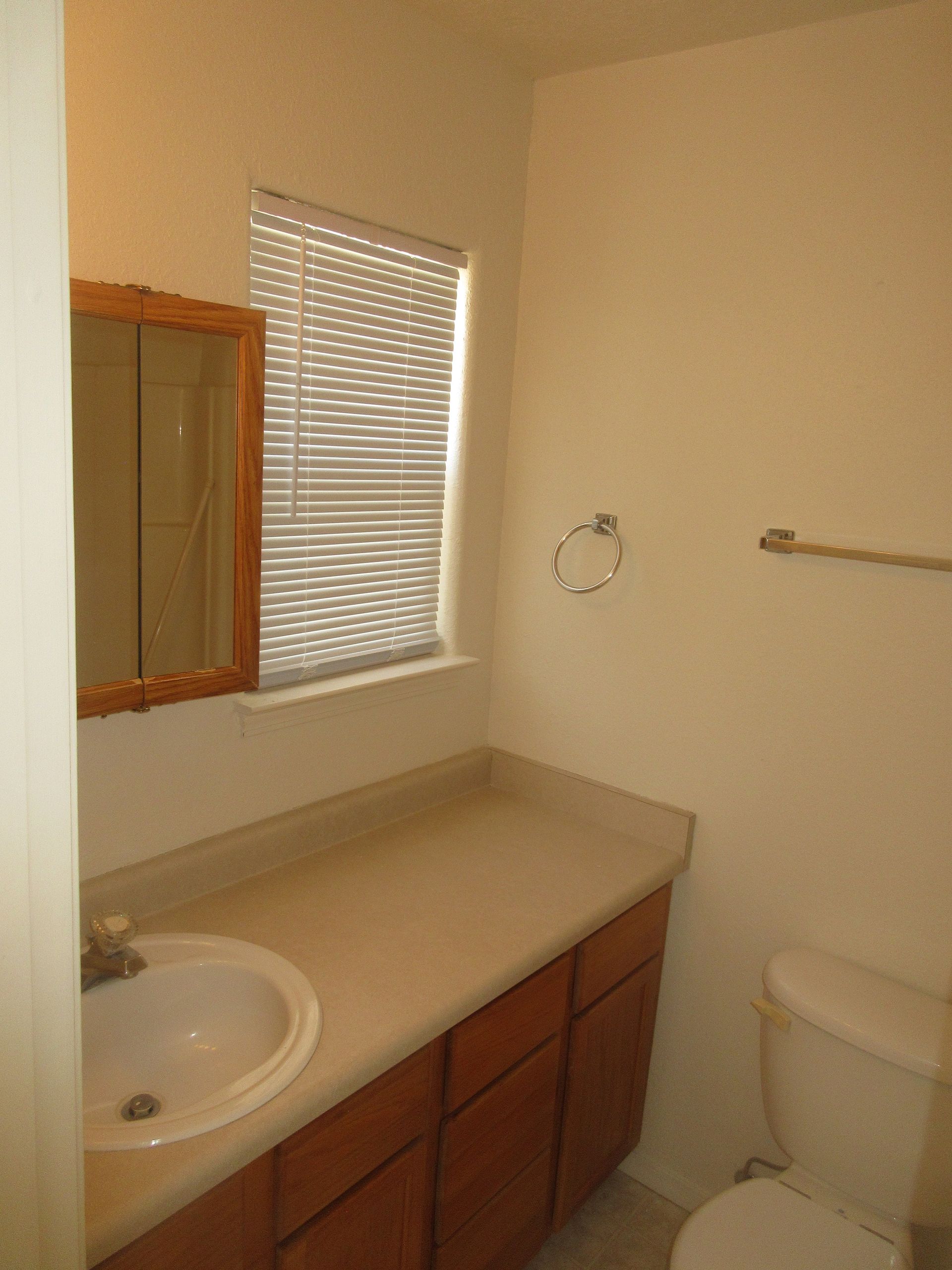 A bathroom with a sink a toilet and a window