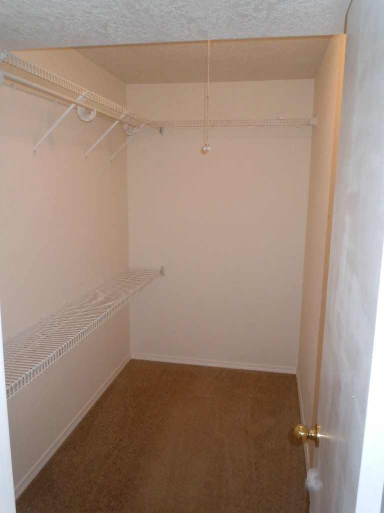 An empty walk in closet with shelves and a door.