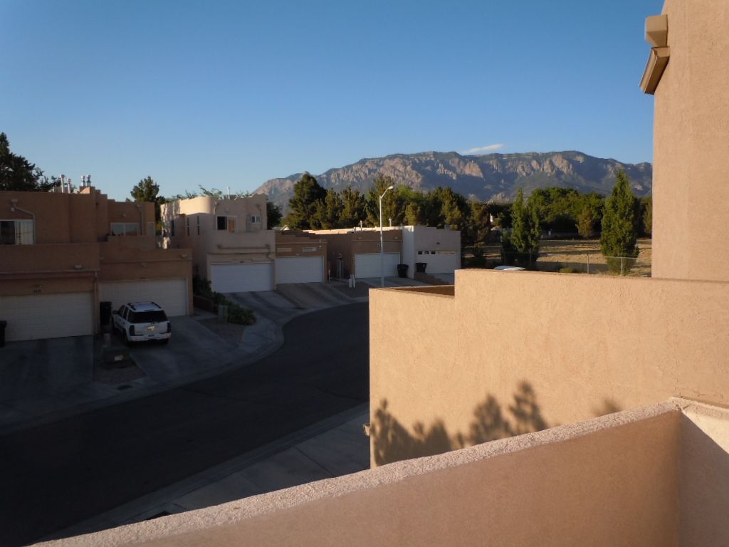 A view of a residential area with mountains in the background