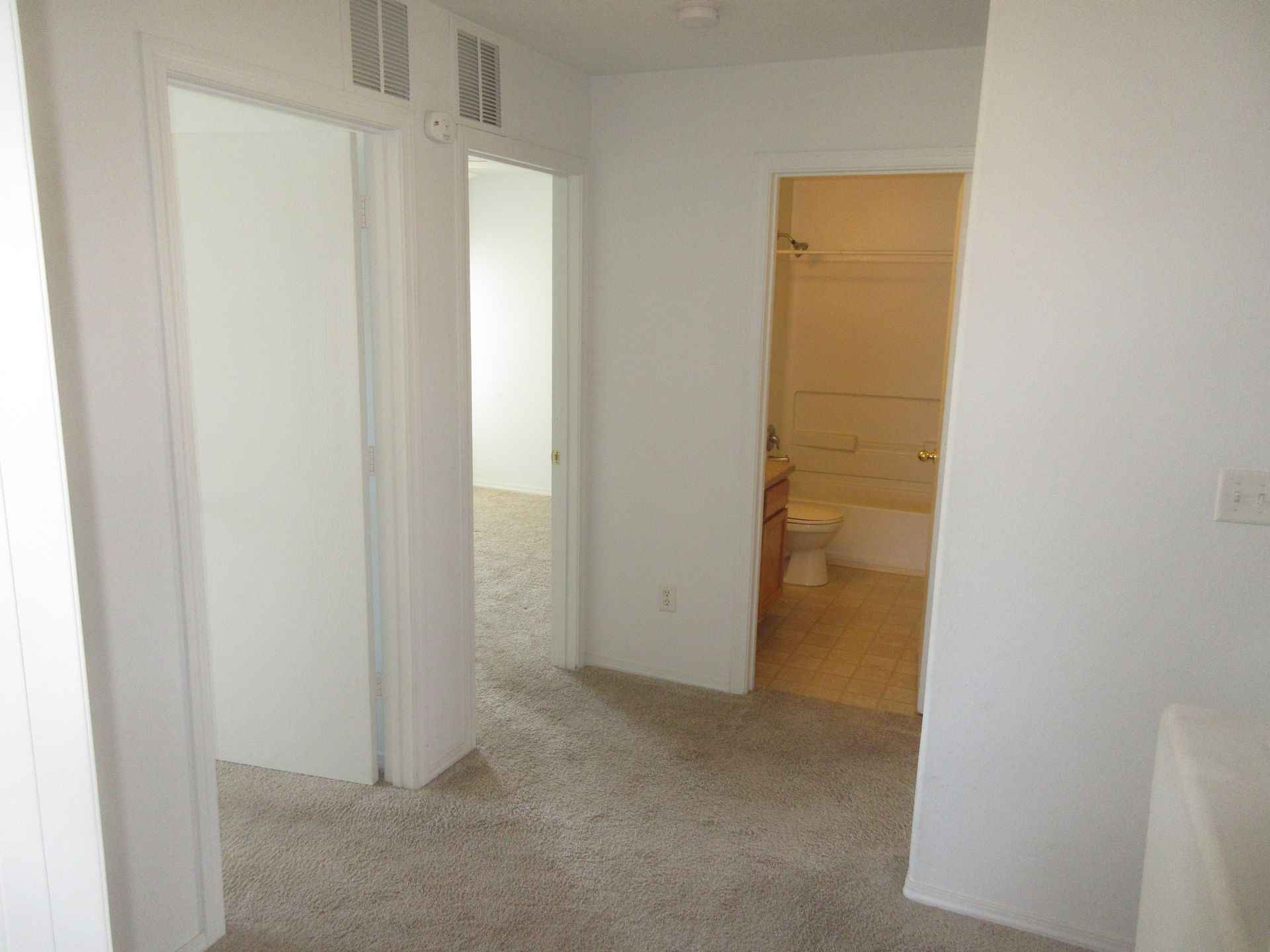 A hallway leading to a bathroom and a bedroom in a house.