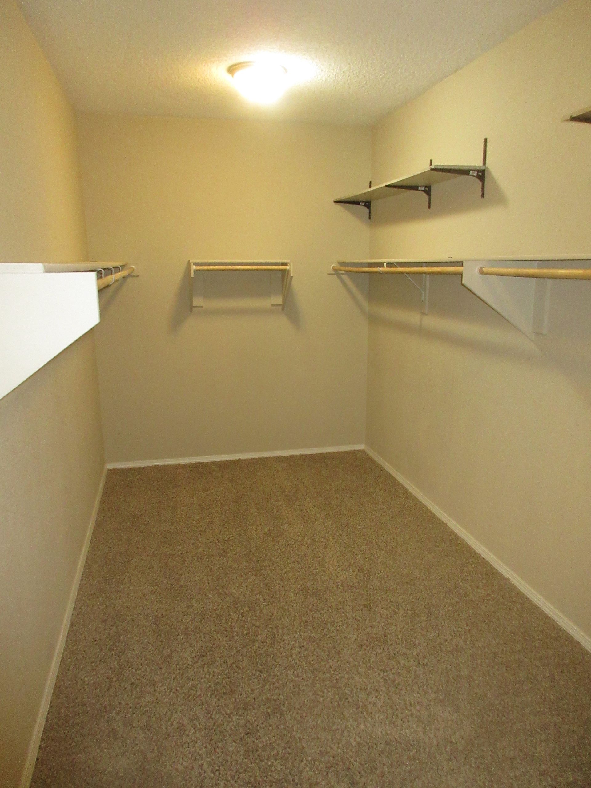 An empty walk in closet with shelves and a light on the ceiling.
