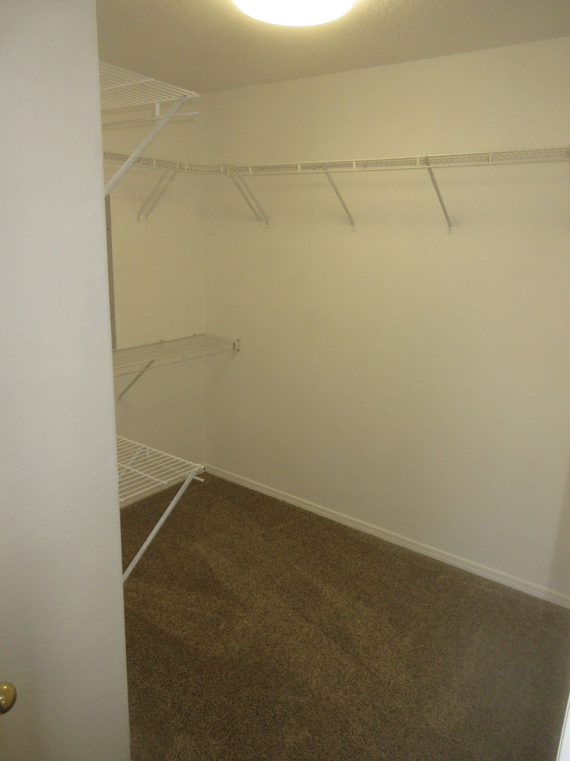 A closet with a lot of shelves and a light on the ceiling.