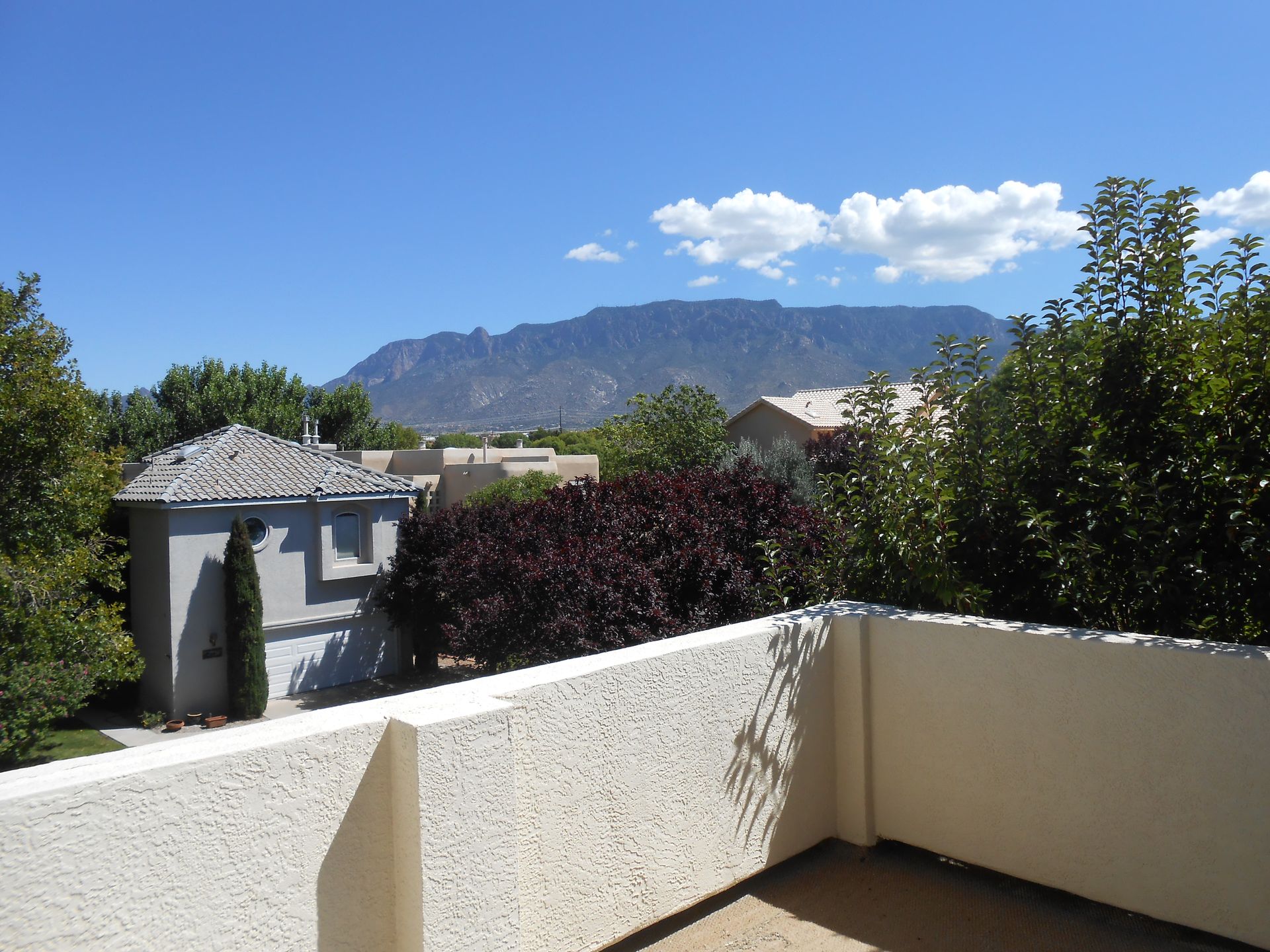 A balcony with a view of a mountain and trees