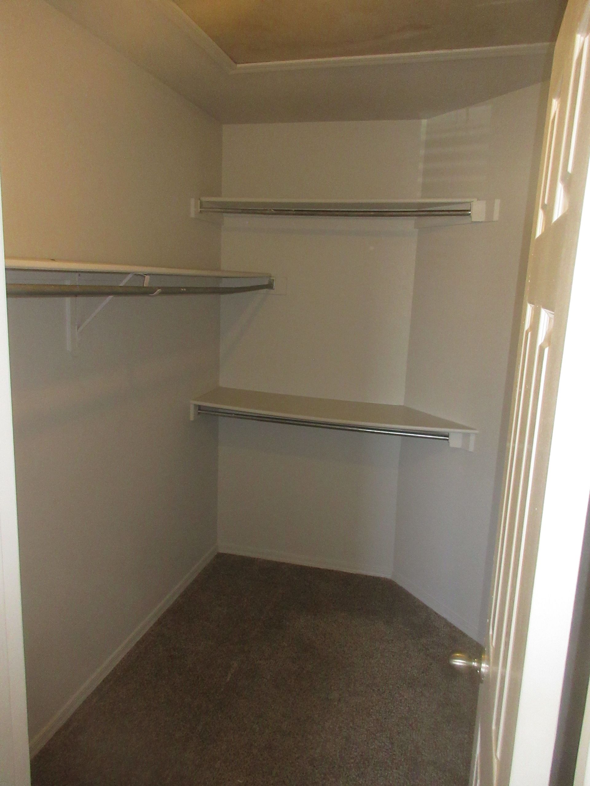 An empty walk in closet with shelves and a door.