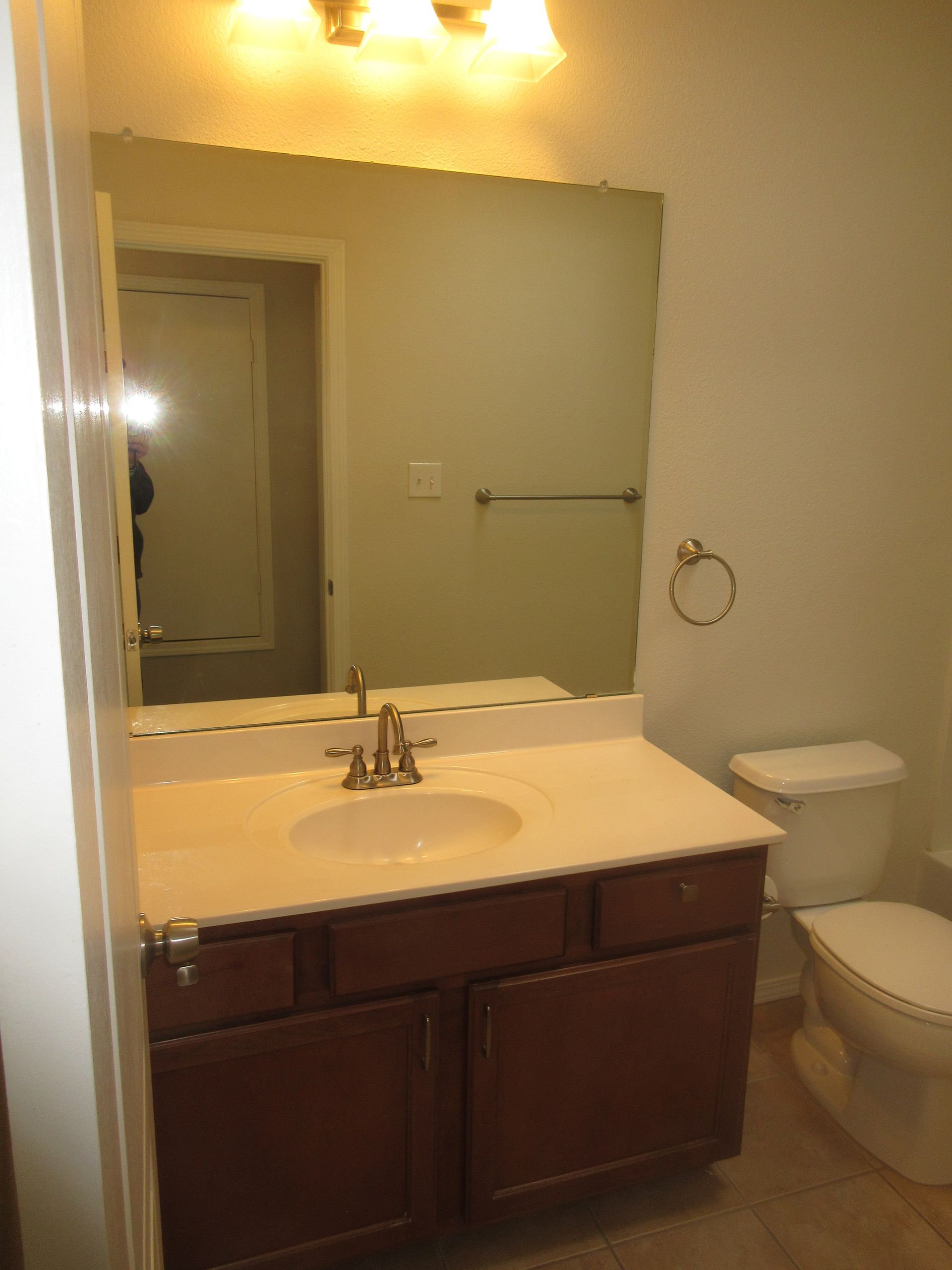 A bathroom with a sink , toilet and mirror.