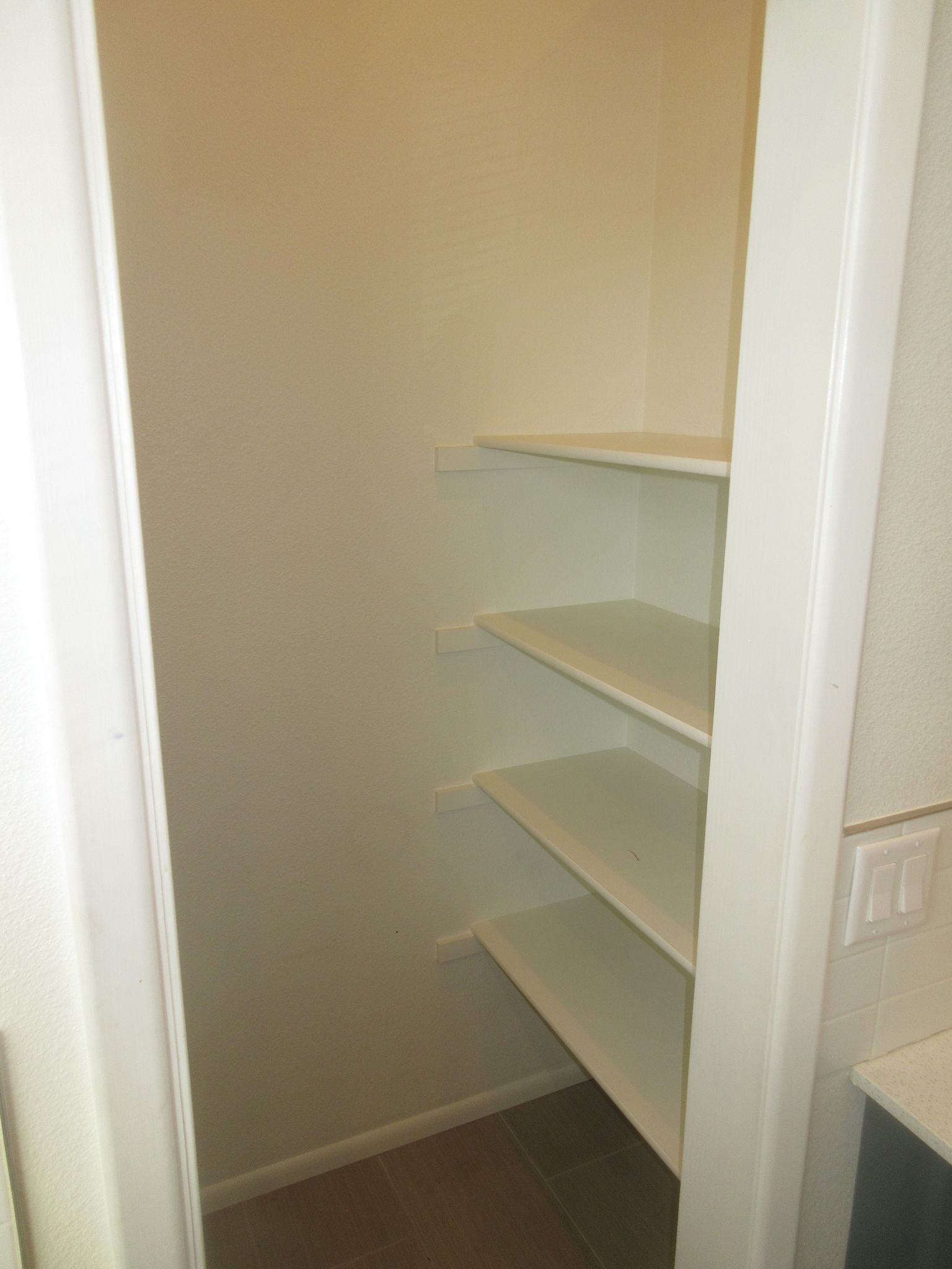 A small closet with shelves in it and a door.