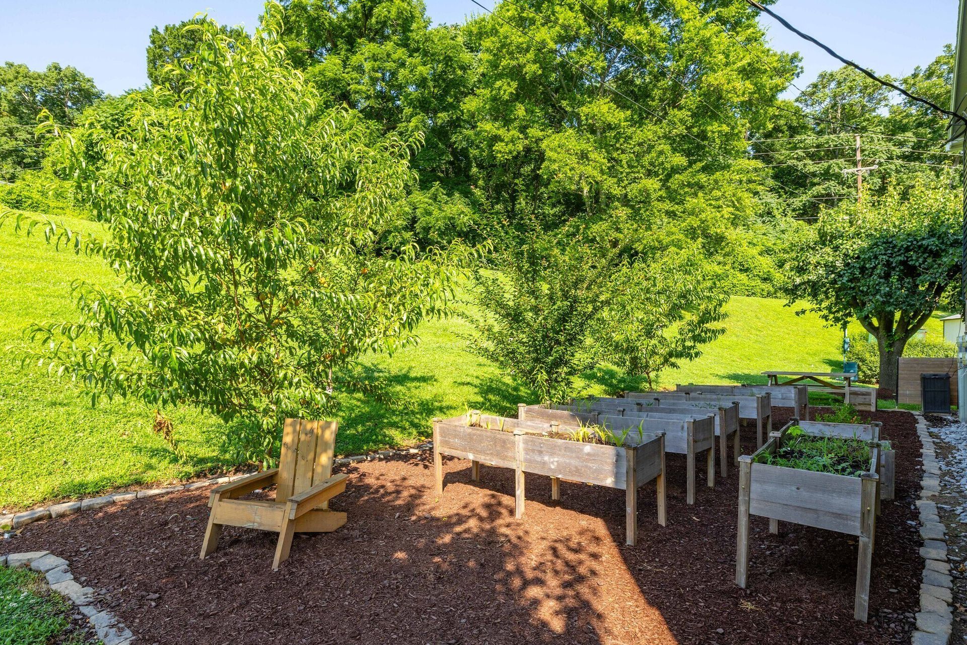 Raised garden beds in a backyard setting with a wooden chair and green trees and grassy hill at  Glastonbury Woods Apartments.