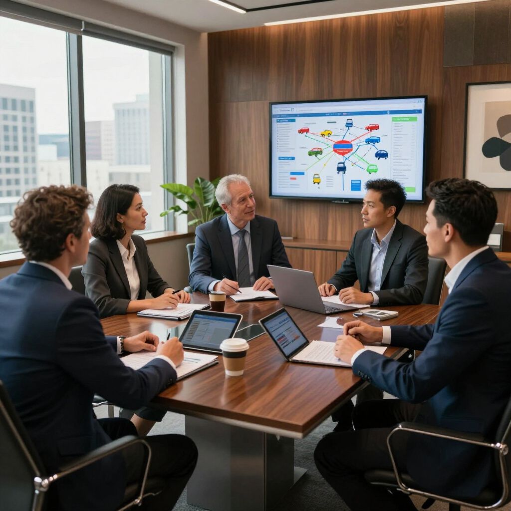 Business meeting in a modern office; people seated around a table with a screen showing a diagram.