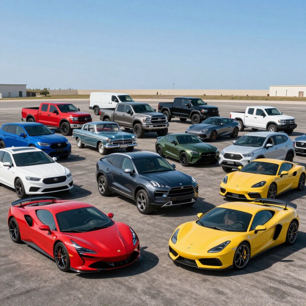 Collection of various cars in different colors parked outside on a sunny day.