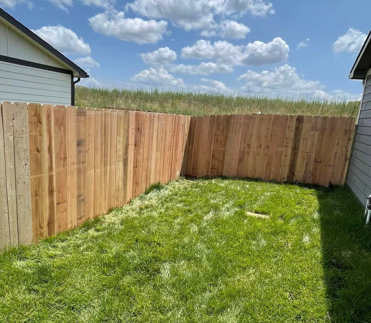Wooden fence encloses a grassy backyard, under a blue sky with clouds.