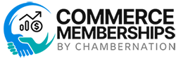 A logo for cm commerce memberships with two hands shaking.