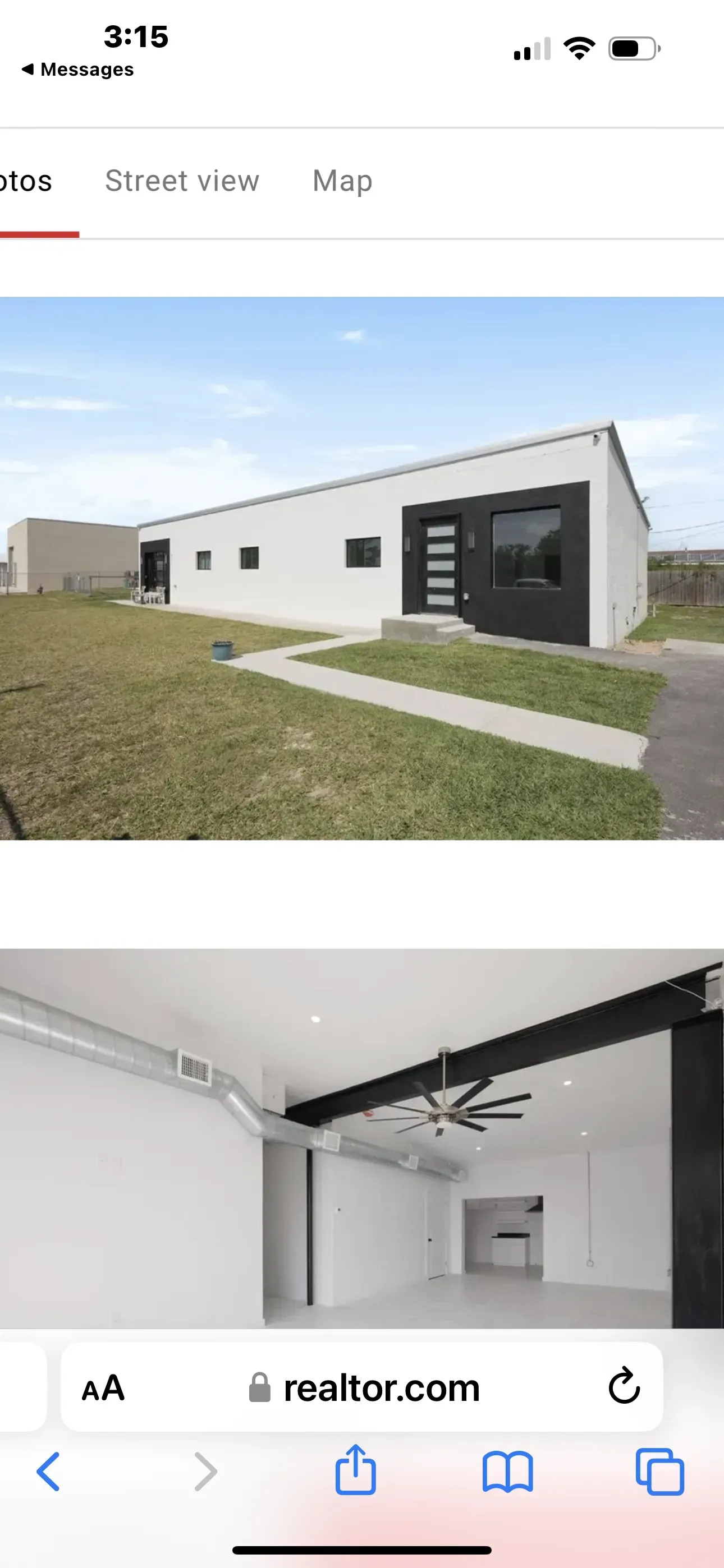 a phone screen shows a picture of a house and a picture of a garage
