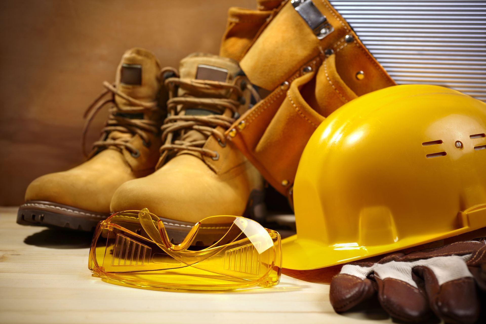 Un par de botas, un casco, gafas de seguridad y guantes están sobre una mesa de madera.