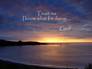 A sunset over the ocean with a quote that says `` trust me i know what i 'm doing ... god ''.