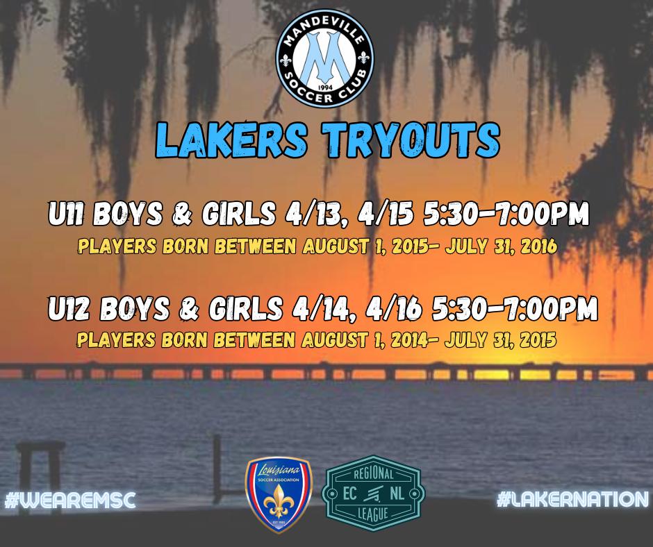 Flyer for Mandeville Soccer Club Lakers tryouts 