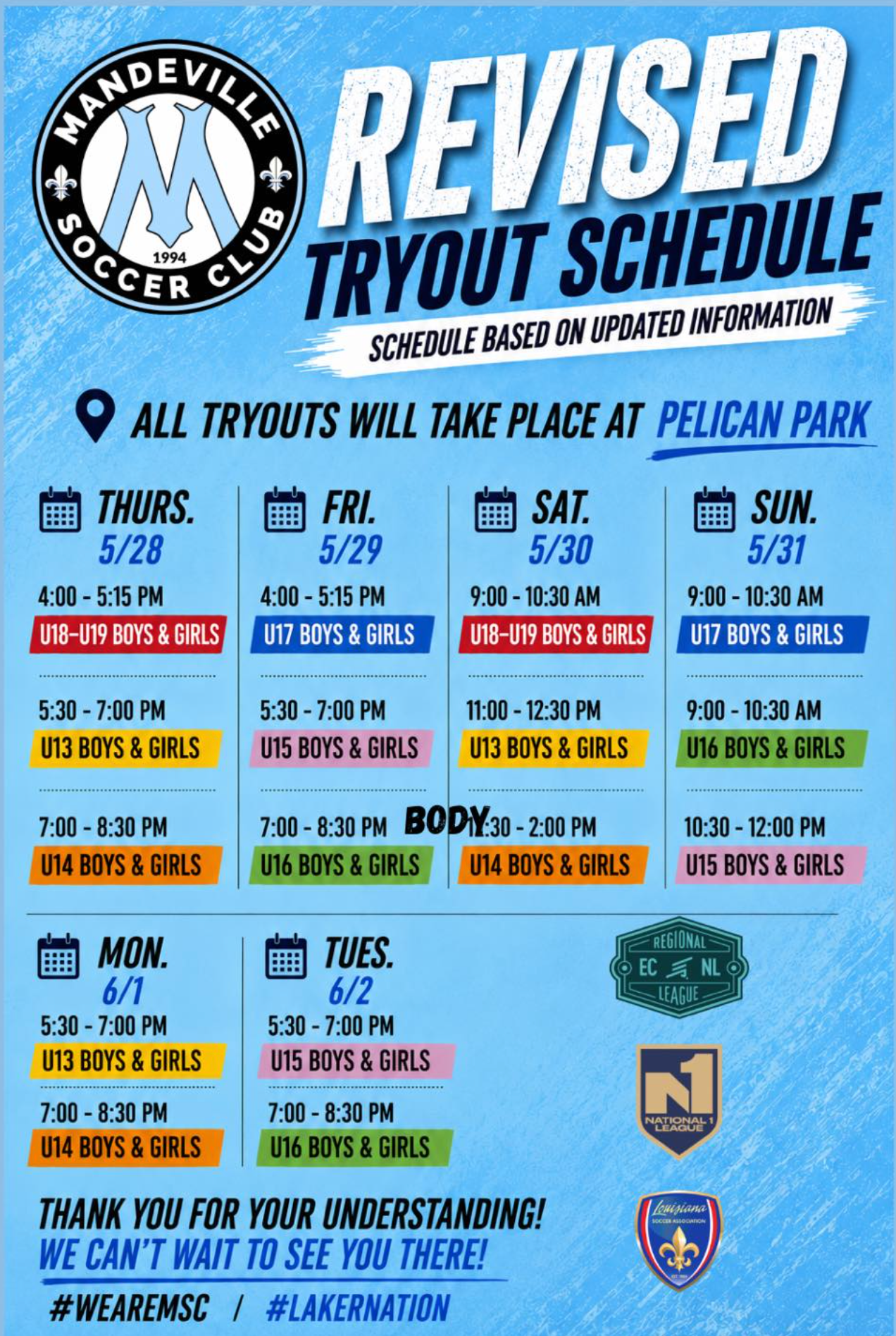 Flyer for Mandeville Soccer Club Lakers tryouts