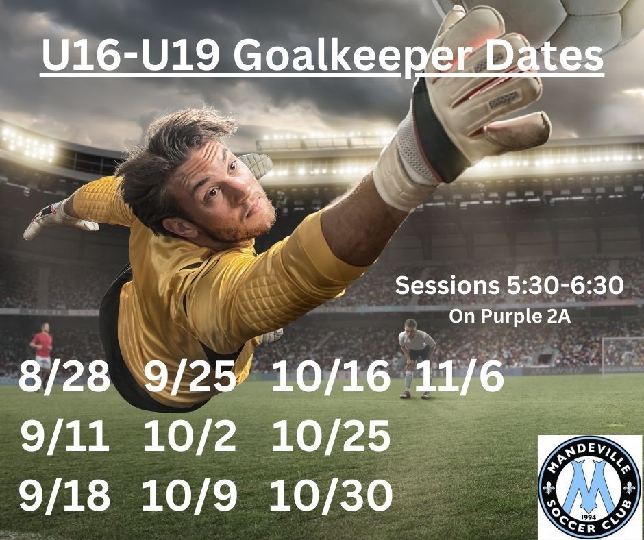 A flyer for U16-U19 goalkeeping sessions at Mandeville Soccer Club. 