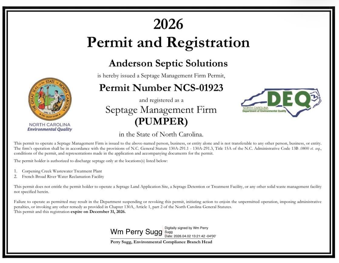 2026 permit and registration certificate for Anderson Septic Solutions, with DEQ and permit details