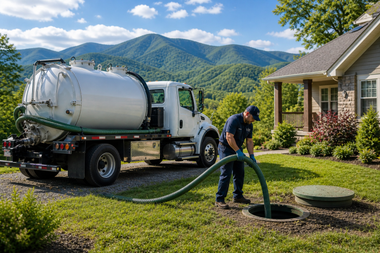 Worker vacuuming a lawn beside a white vacuum truck and suburban house, with mountains in the background