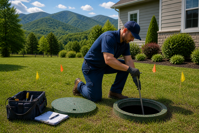 Technician inspecting an open lawn access hole beside tools in a landscaped yard with mountains in the background