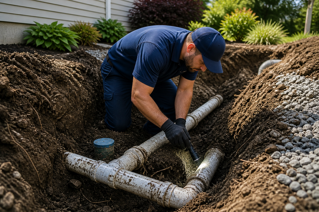 Worker installing white PVC pipes in a dirt trench beside a landscaped yard